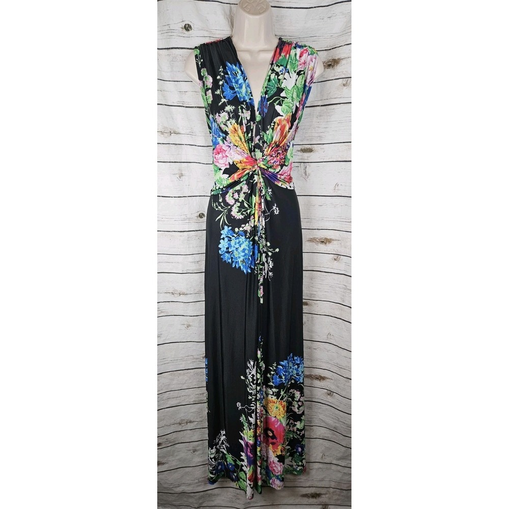 Alberto Makali Black Floral Maxi Dress XL Ruched Cinched Jersey Knit Sleeveless